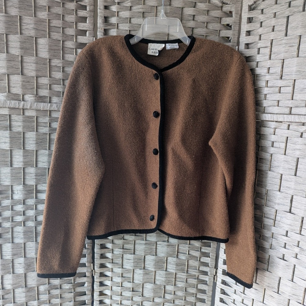 Vtg 90s Carroll Reed Cardigan Brown Olive Boiled Wool Velvet Trim Sz L *READ